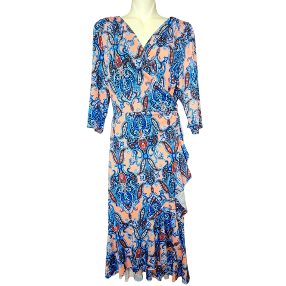 KIYONNA Flirty Flounce Wrap Dress Blue and Pink Paisley Wrap Dress V5